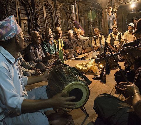 A group of musicians gathered at Bhaktapur at Night