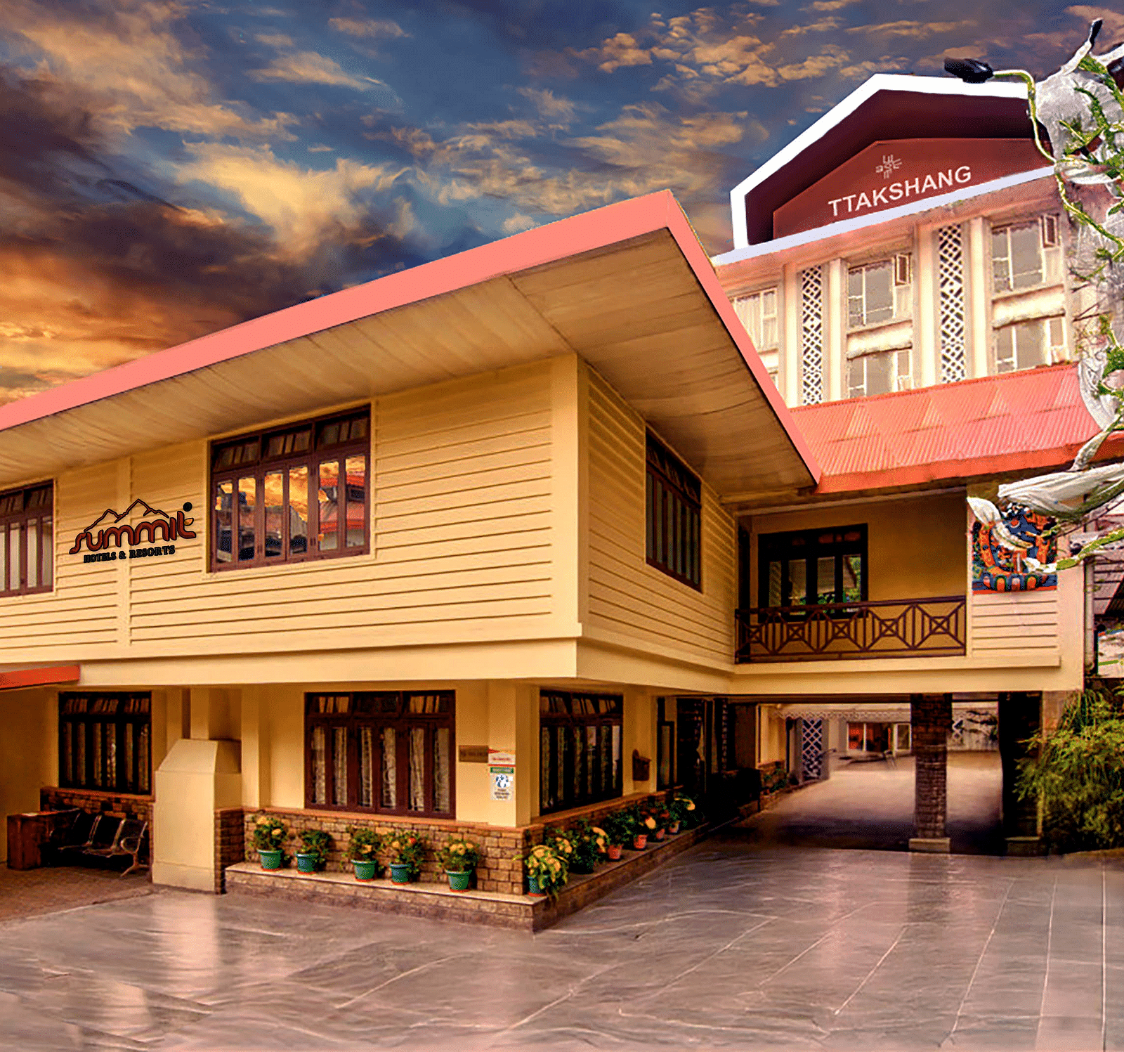 Facade of Summit Ttakshang Residency Hotel & Spa, Gangtok, with a sunset-lit cloudy sky and trees lining the pathway