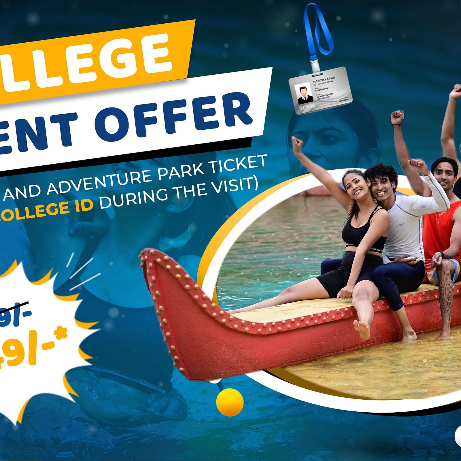 A graphics card inviting students for adventures in a water park | Diamond Parks, Pune