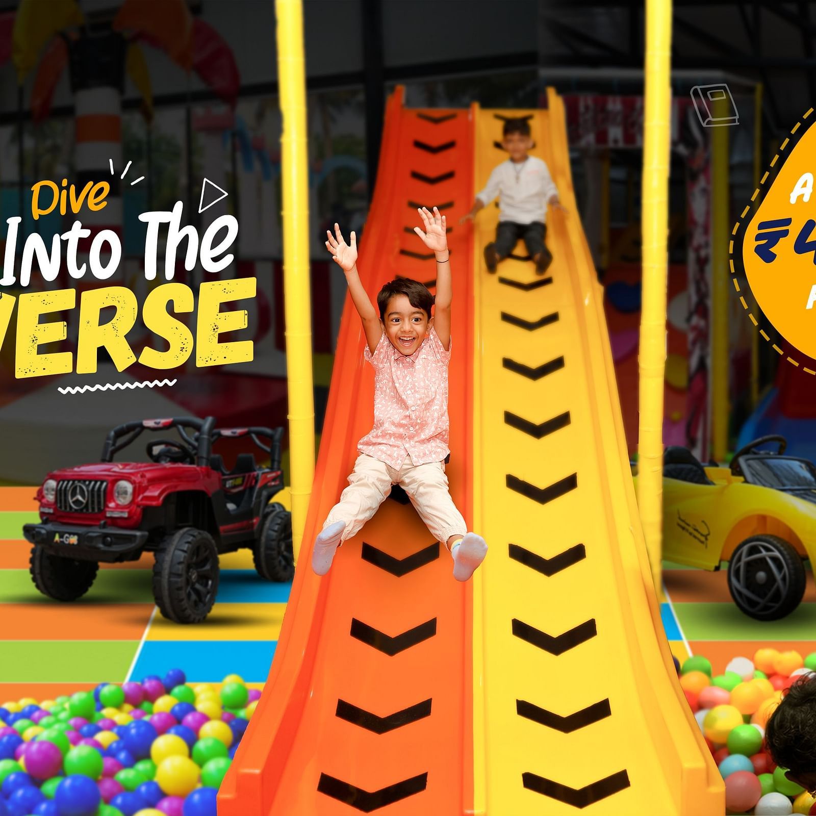 A graphics card image which shows children ejoying fun activities | Diamond Parks, Pune