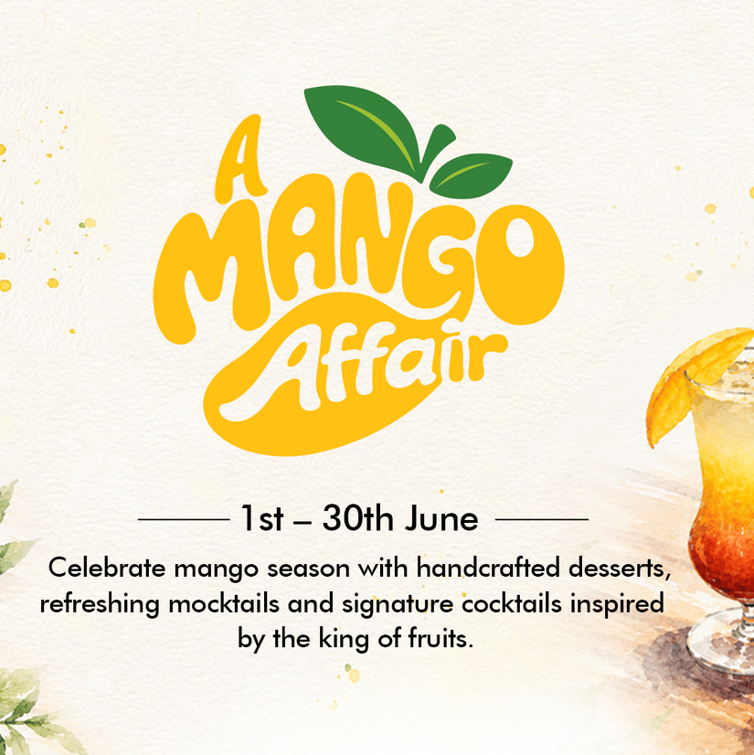 A promotional poster named 'A Mango Affair' showcasing refreshing mango beverages and seasonal mango-inspired culinary delights at Karma Lakelands.