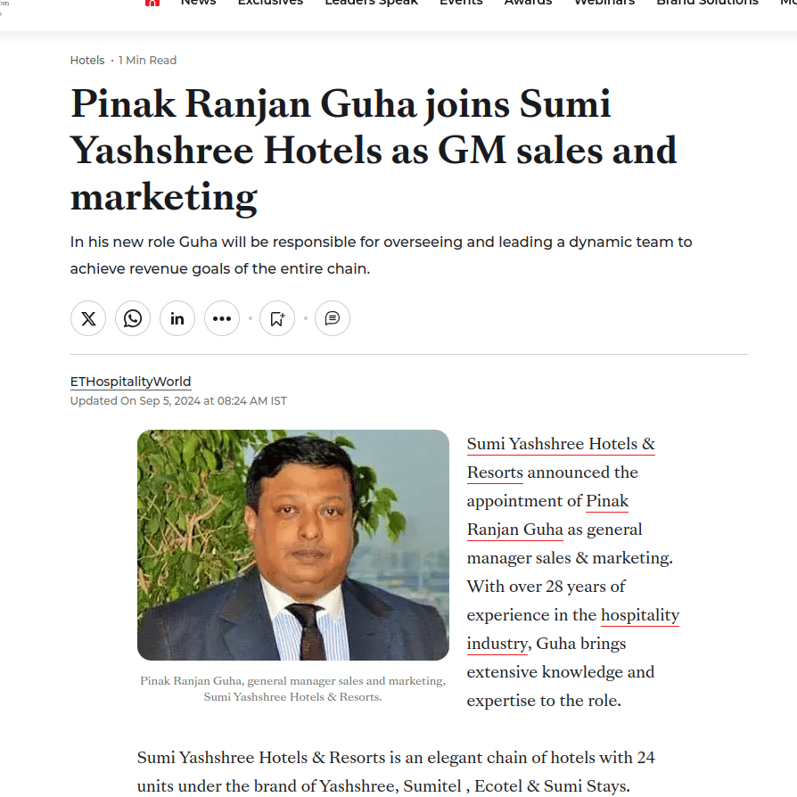 A creative image of Sumi Yashshree Hotels in the press blog which highlights the achievements  of Pinak Ranjan Guha