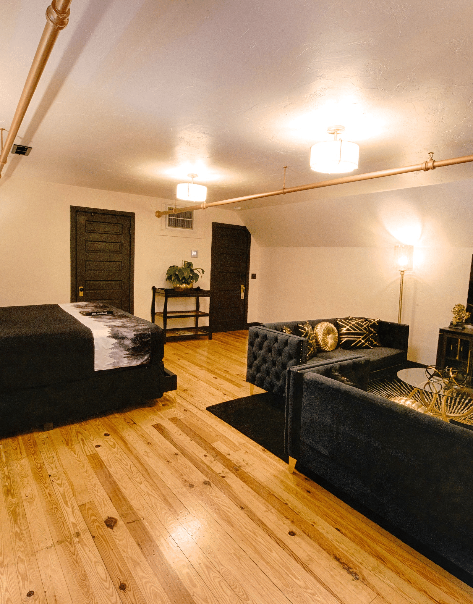 full view image of the roosevelt suite featuring black colored furnishings along with white walls - Historic Tapoco Lodge