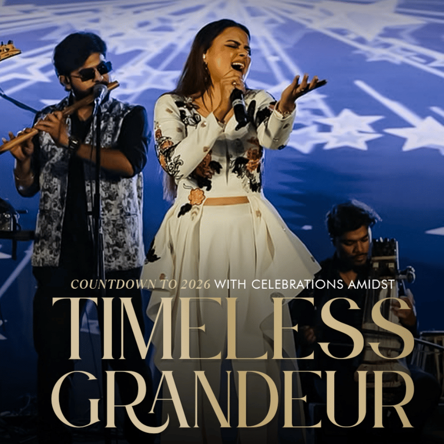 A band with one lead singer at the stage performing live Heritage Village Resorts and Spa, Manesar celebrating timeless grandeur, a countdown to New Year 2026.
