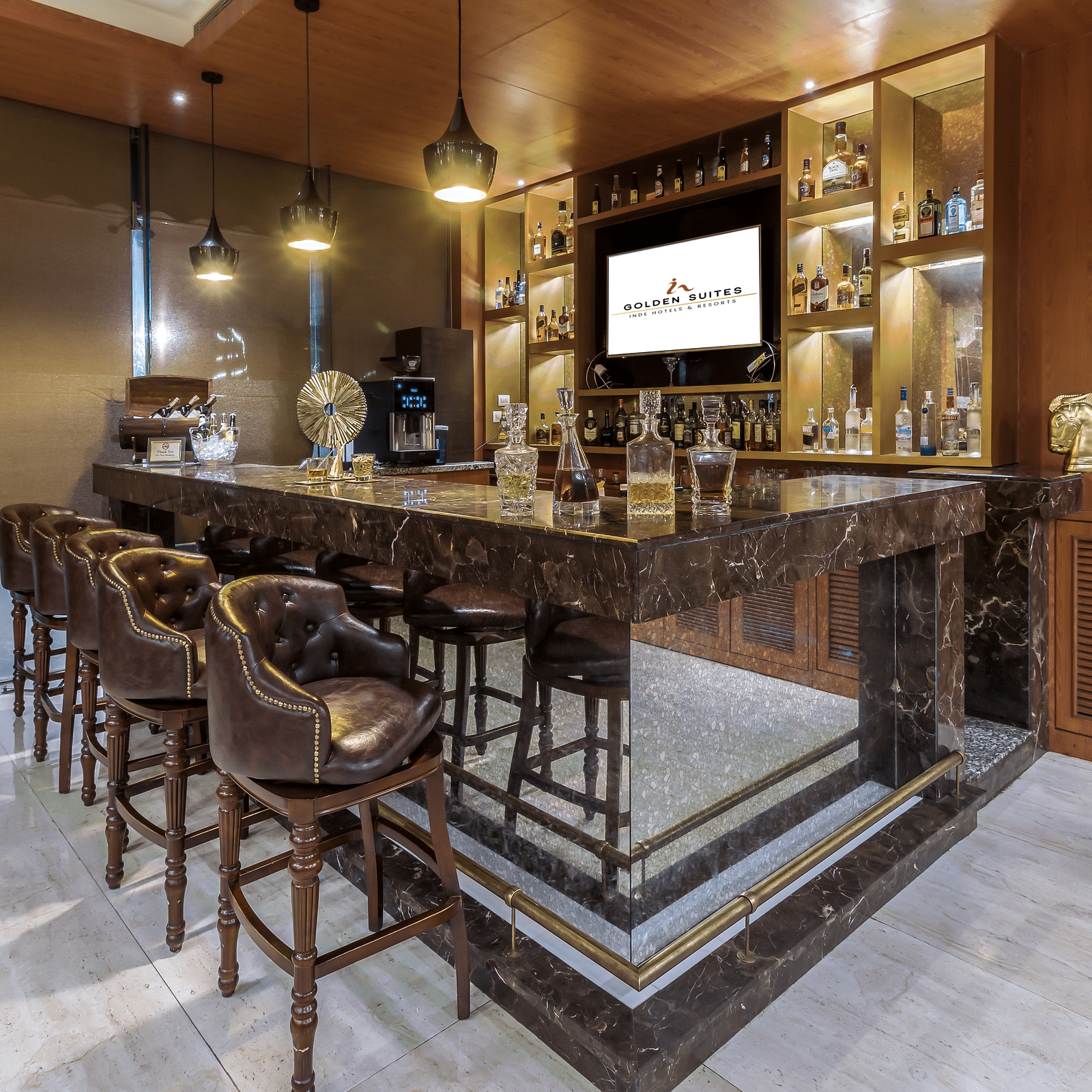A side angle view of the the bar at Golden Suite