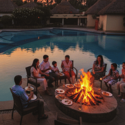 Guests enjoying a bonfire camping dinner by the pool at Vedic Village Spa Resort