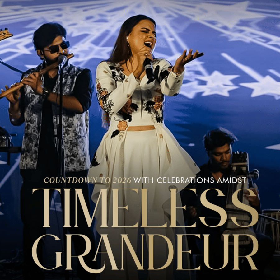 A band with one lead singer at the stage performing live Heritage Village Resorts and Spa, Manesar celebrating timeless grandeur, a countdown to New Year 2026.