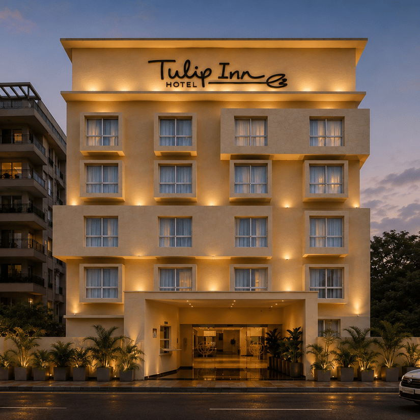 Exterior view of Tulip Inn, Hoodi Whitefield, Bengaluru at night, with building illumination, windows, trees, and parked cars.