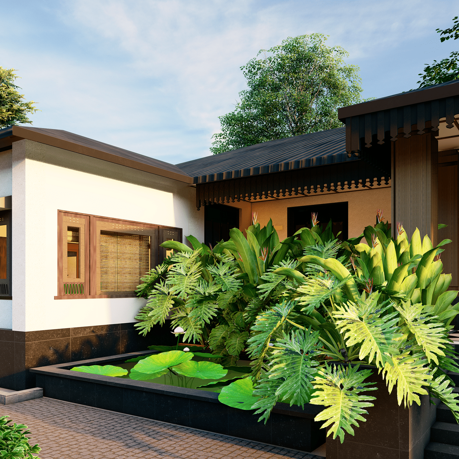 A house with a traditional design, a small pond, and lush green plants in the foreground - Rhino and River BluSalzz Collection, Pobitora