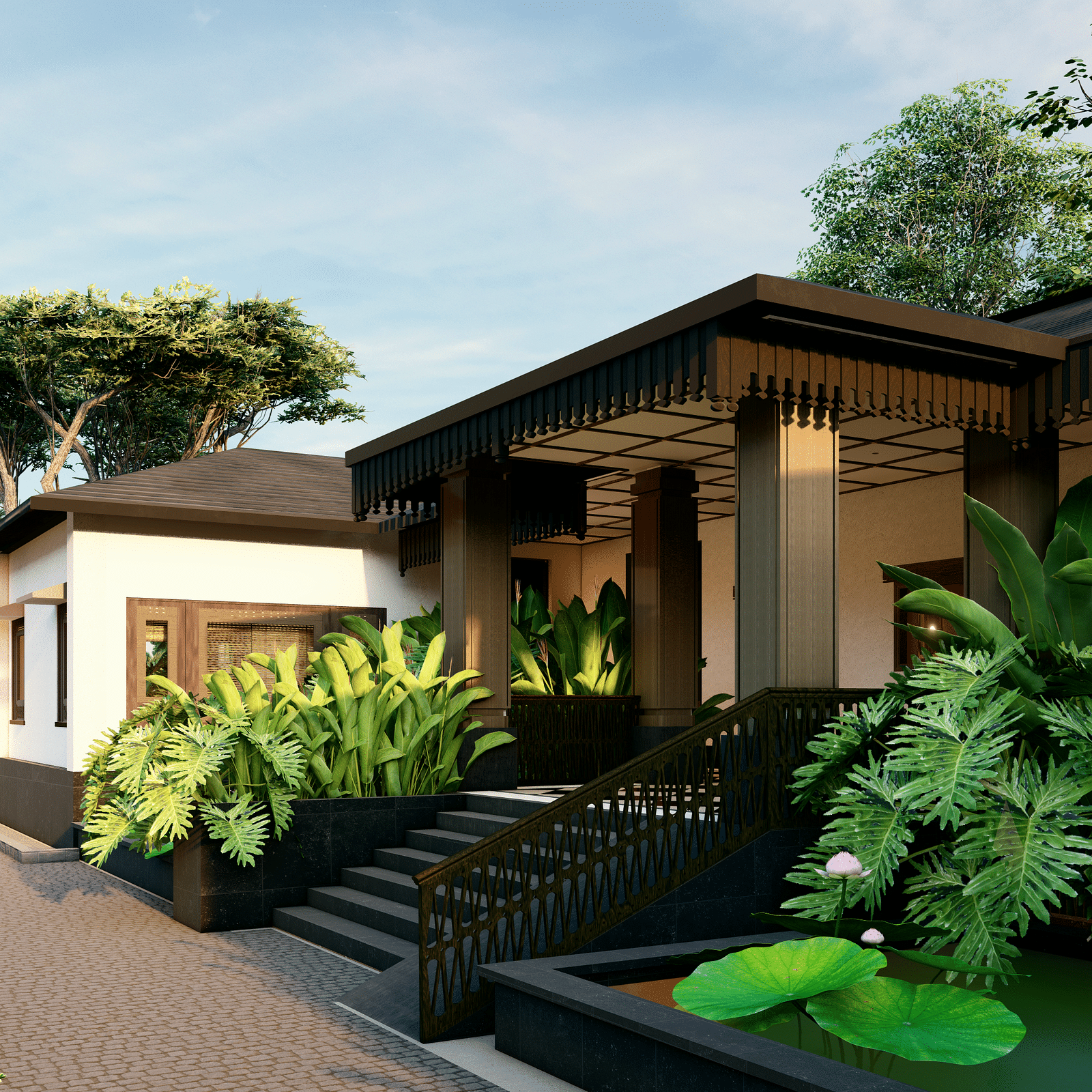 A building with a covered entrance, surrounded by lush plants and palm trees, with a pathway leading to it  - Rhino and River BluSalzz Collection, Pobitora