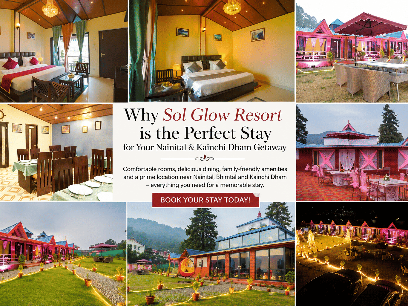 Blog graphic collage for Sol Glow Resort, Nainital, showcasing rooms, dining areas, and evening exteriors in a vibrant layout.