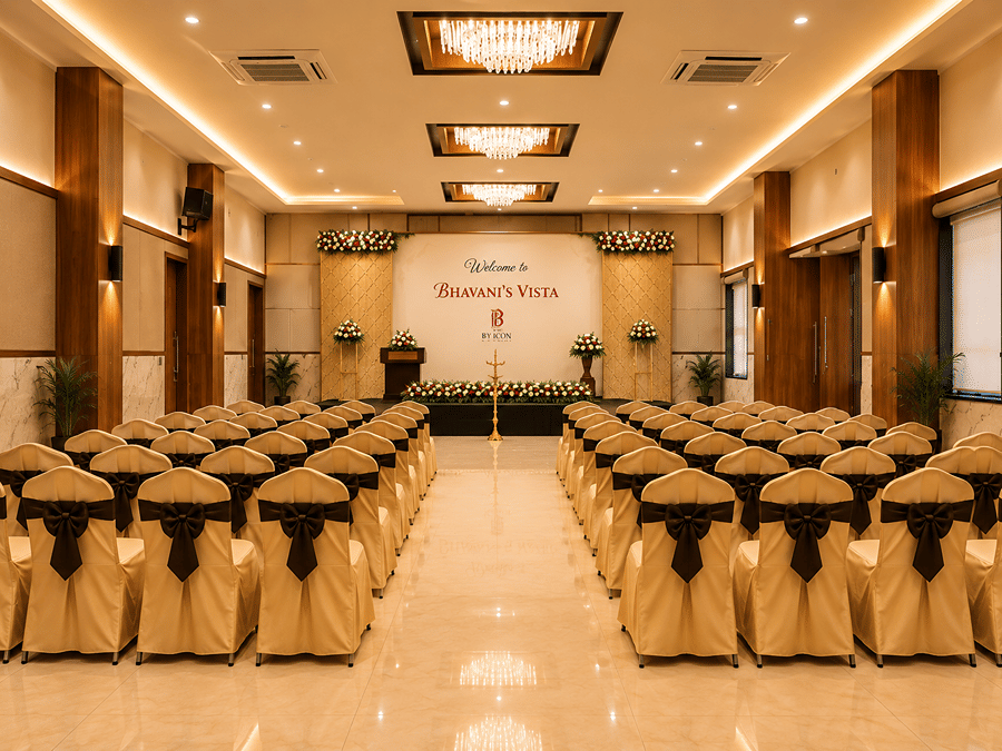 Event hall arranged theatre-style with rows of covered chairs facing a stage at Bhavani's Vista By Icon, Hosur.   