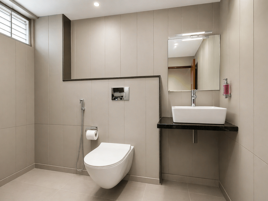 A modern bathroom at Central Hotels featuring grey tiled walls and flooring a wall-mounted toilet wash basin with mirror and grab rails in a clean and well-lit setting.