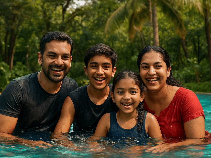 A happy family of four enjoying a fun time together in the pool, surrounded by lush greenery. Nature Trails