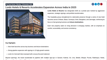 The image features the modern exterior of a Lords Hotels & Resorts property at night, showcasing a contemporary building design with prominent lighting and a covered entrance for vehicles.