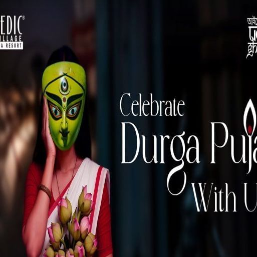 A creative for the Durga Puja package at Vedic Village Spa Resort, inviting the guests to celebrate with them.