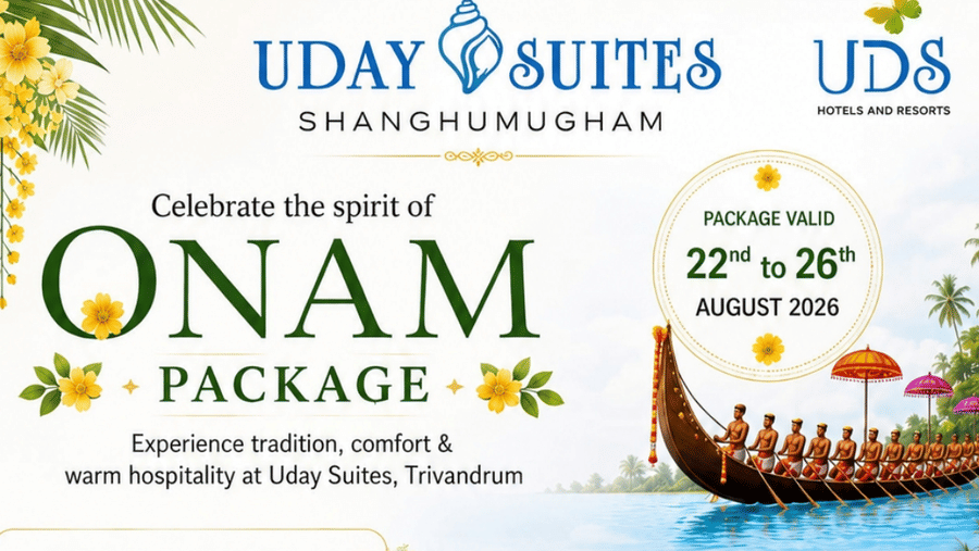 A promotional poster for Onam package featuring Uday Suites, Trivandrum, with a traditional Onam Sadya, resort pool, Kerala boat and package details.