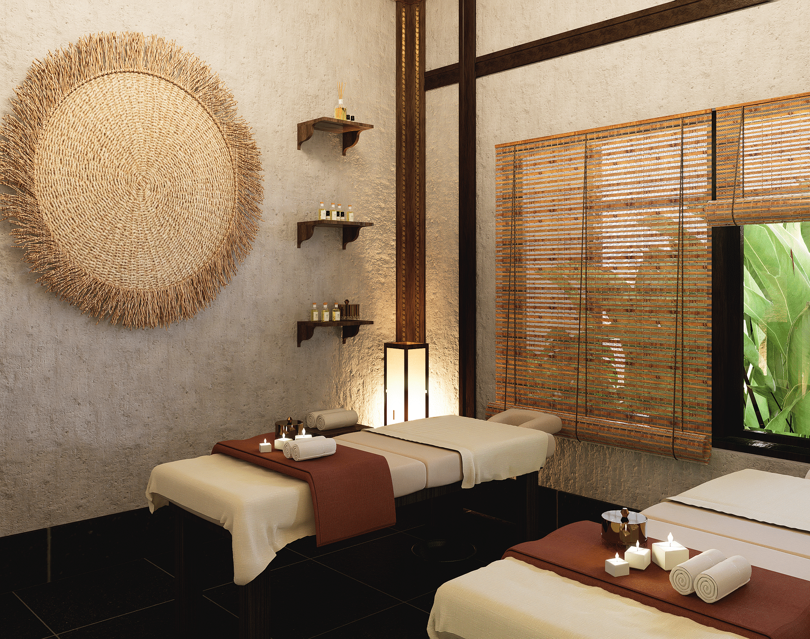 A room with two massage tables, a round woven wall hanging, shelves, and blinds on a window - Rhino and River BluSalzz Collection, Pobitora