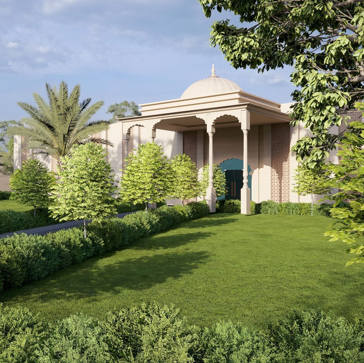 Luxurious Bamboo Saa Sunrrise Wedding & Wellness Resort with a grand arched entrance, set amidst a manicured lawn.