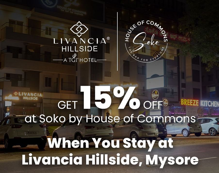 Promotional image showing a 15% discount offer at Soko by House of Commons for guests staying at Livancia Hillside