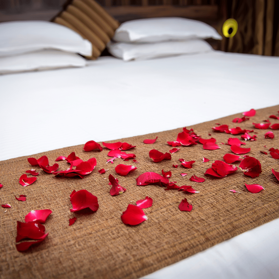 A close up view of the bed decorated with flower petals in Regent Room.