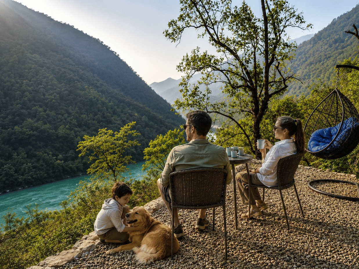 A family of 3 people with their pet golden retriever dog lounging at an open area of Neemrana's Glasshouse on The Ganges, overlooking the flowing Ganga River.