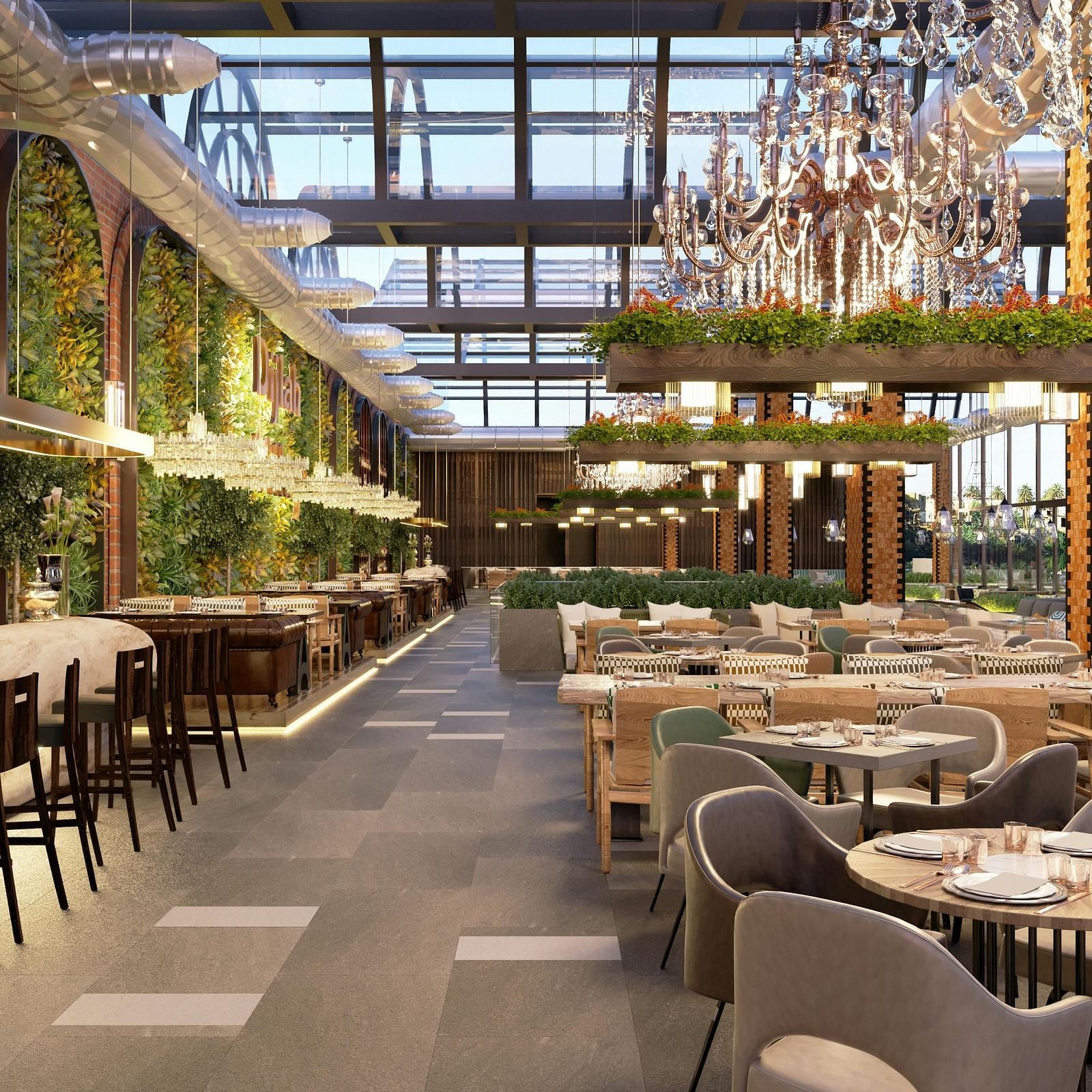 Chic rooftop dining with modern seating, greenery, and decorative lights under a canopy.