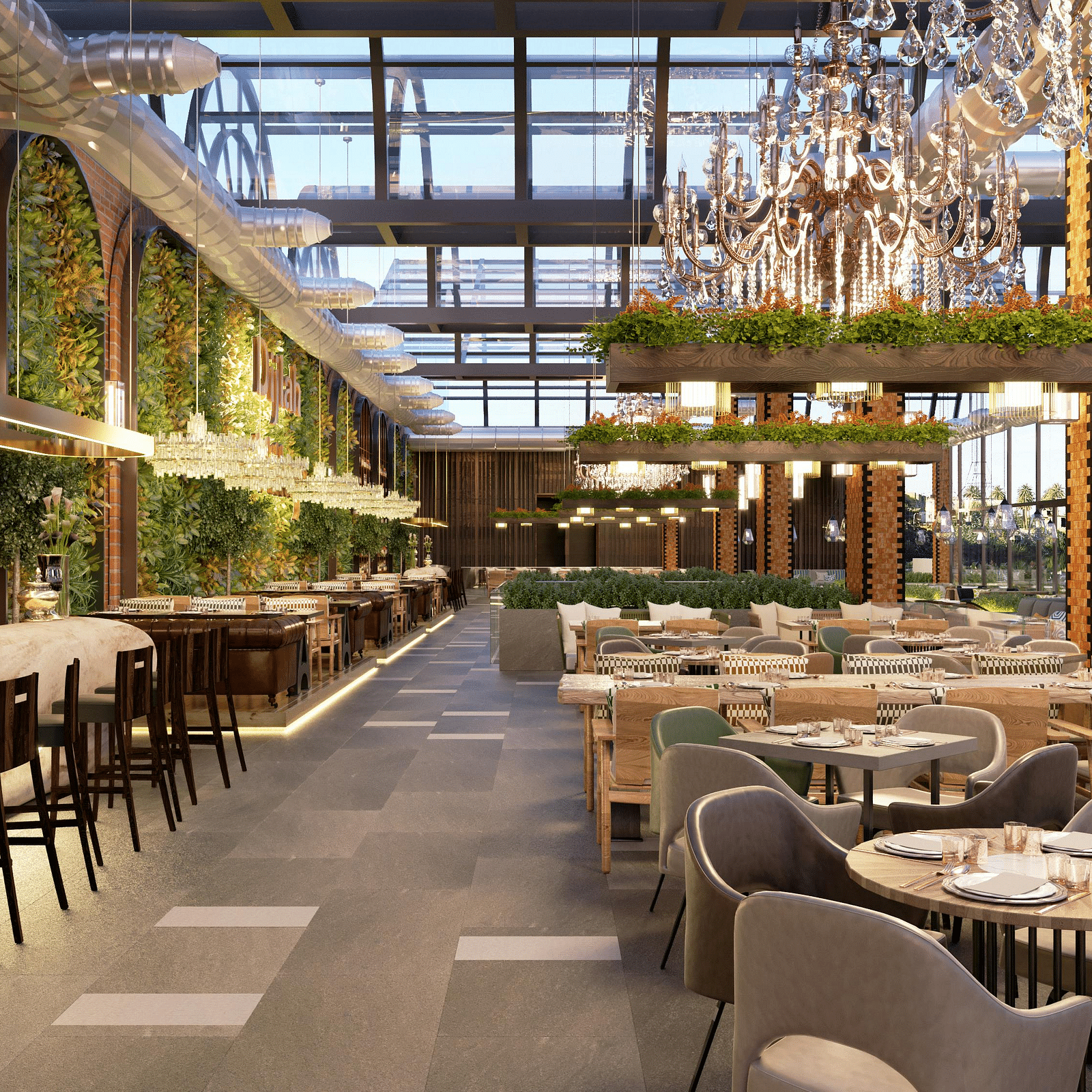 A spacious dining area featuring well-furnished and beautifully decorated settings, with a bar on one side and four-seater tables on the other.