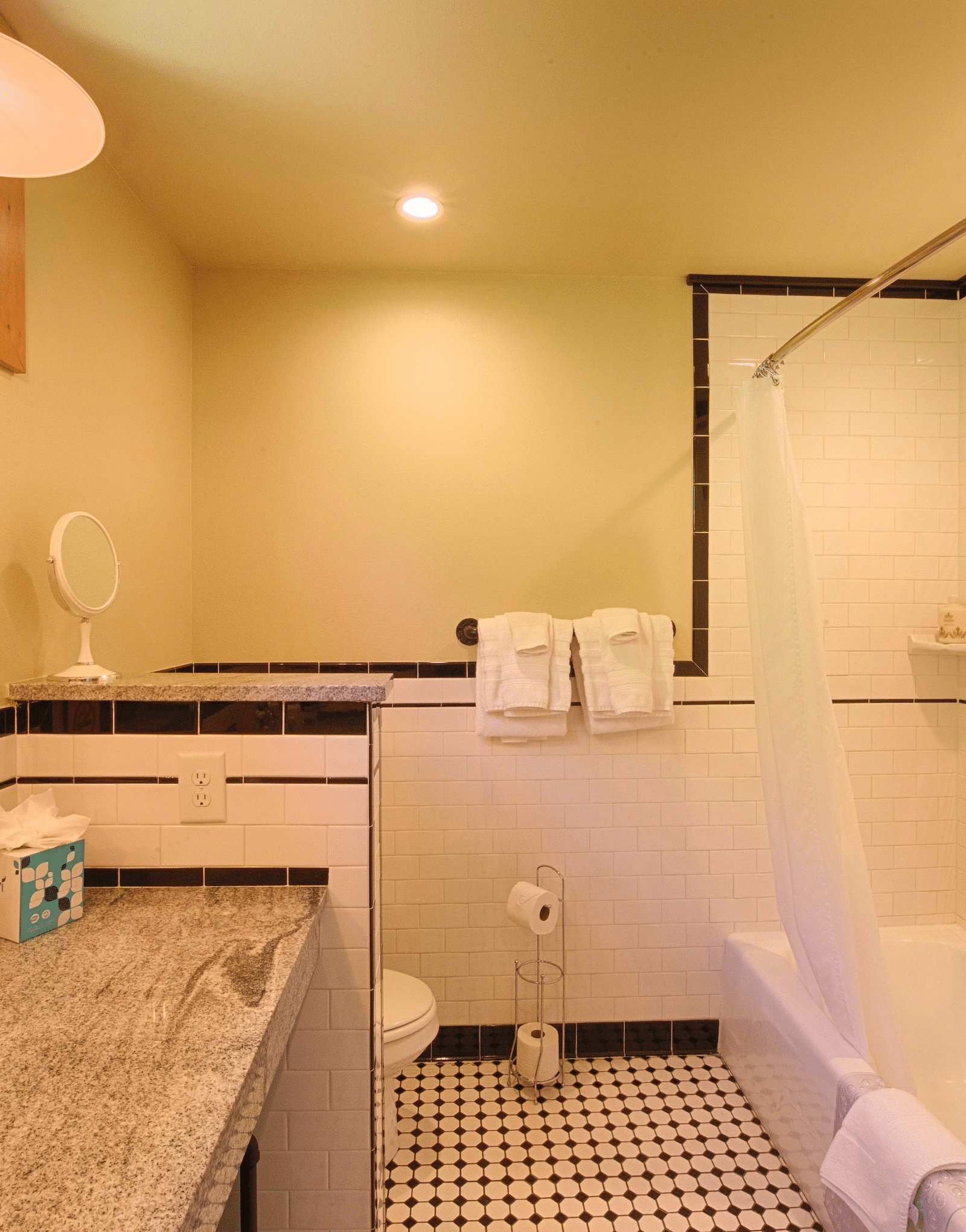 a bathroom with perfect lighting featuring a bath tub and a commode in a corner - Historic Tapoco Lodge