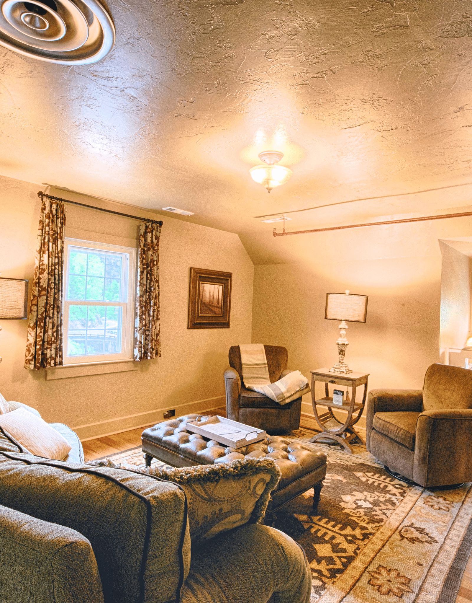 a luxurious living area with ample natural lighting in the room featuring a beautiful carpet under the couch - Historic Tapoco Lodge