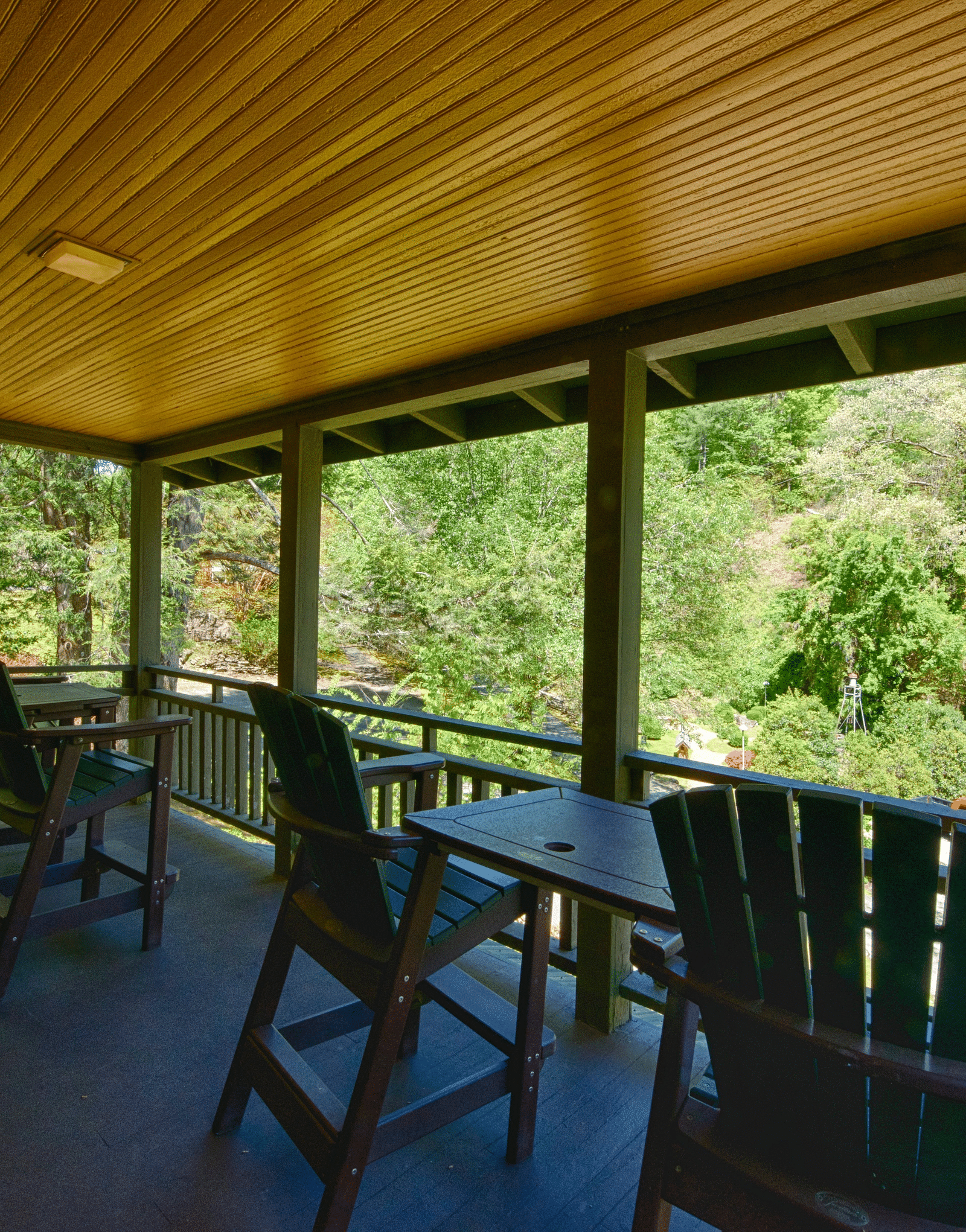 corner view of the porch with four chairs kept facing towards the serene green forest during the day timefull view image of a bedroom with wooden interiors featuring two beds - Historic Tapoco Lodge