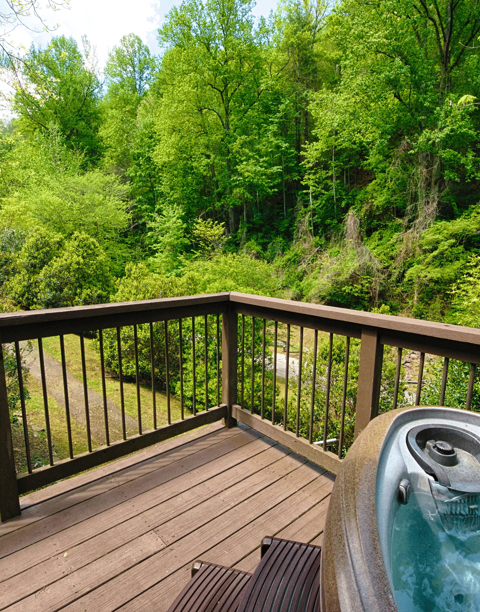 a wide angle shot of a wooden porch with a Jacuzzi tub and lush green views -Historic Tapoco Lodge