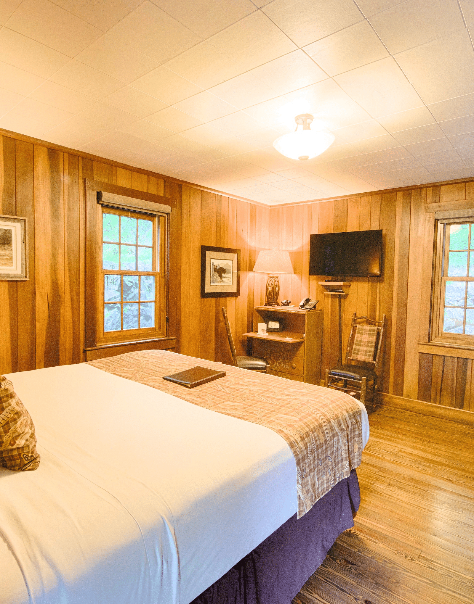 cornevr view image of the room overlooking a soft double bed facing the wall mounted television - Historic Tapoco Lodge