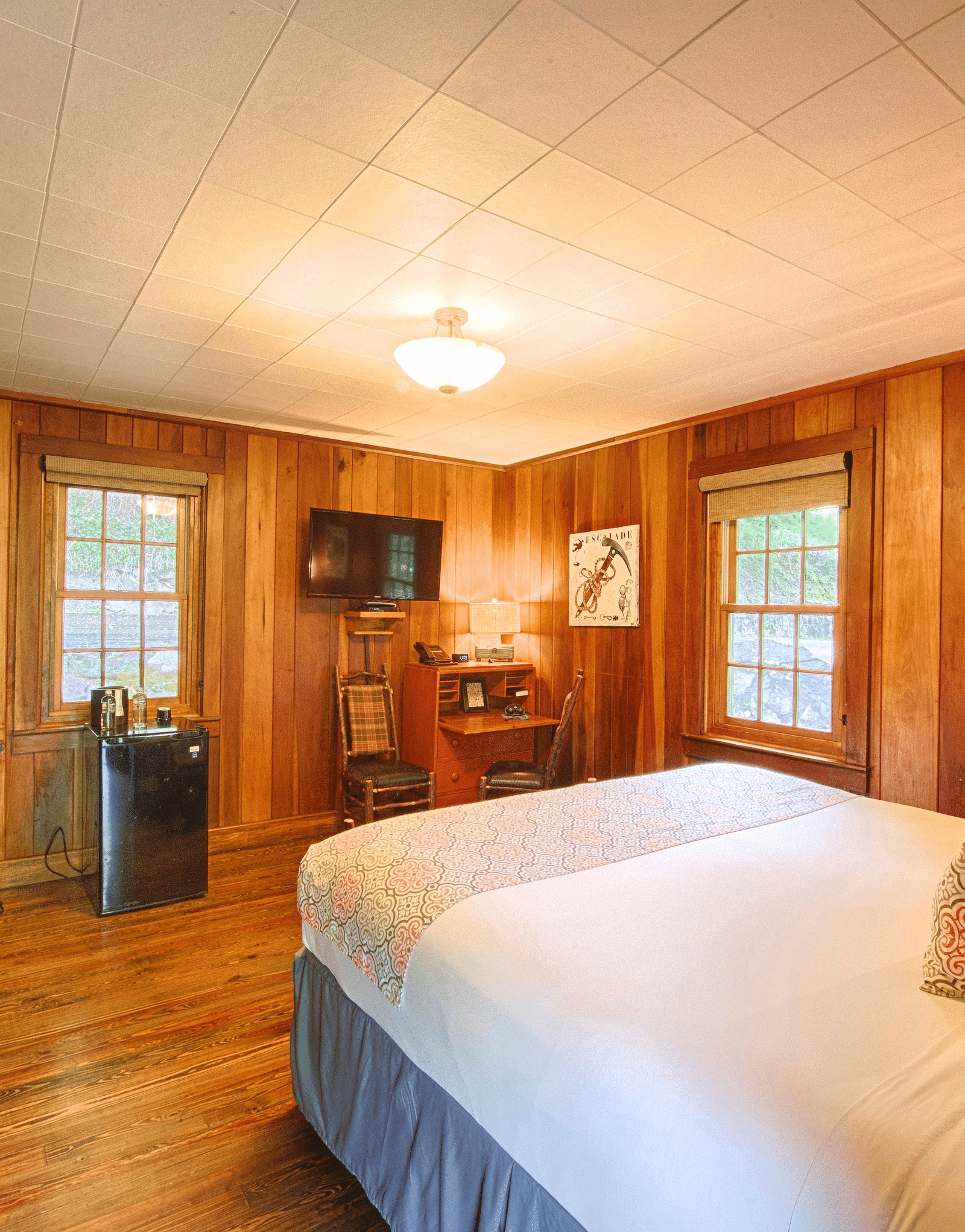 a bedroom with wooden interiors with two windows and a wall mounted television placed opposite to the double bed - Historic Tapoco Lodge
