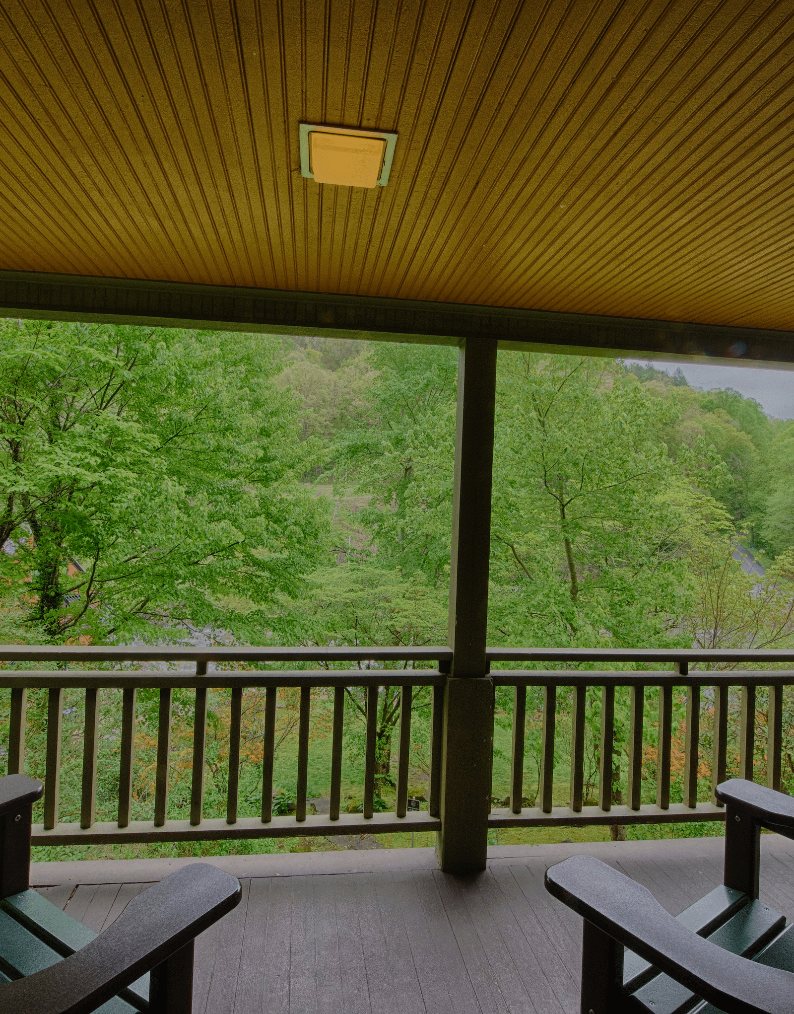 a beautiful wooden porch featuring two chairs facing towards the lush green forest views - Historic Tapoco Lodge