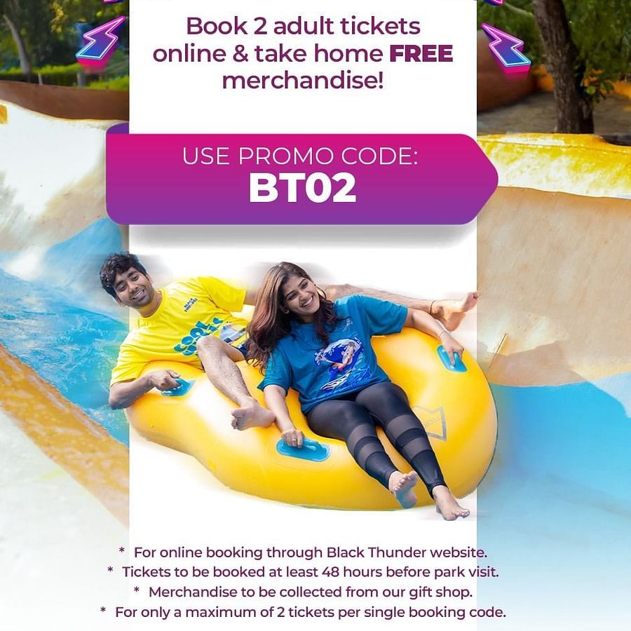 promotional offer showing Book Early and Get 20% Off discount deal and its details for Black Thunder Water Theme Park.