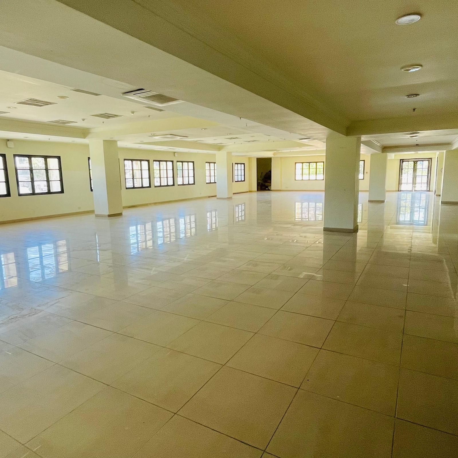 A naturally well-lit indoor view of Raj Darbar Hall featuring pillars and series of windows.