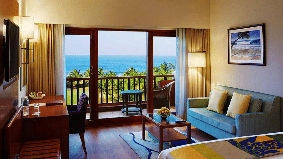 Overview of the living area inside ocean-view rooms at our honeymoon resort in Goa - Caravela Beach Resort, Goa