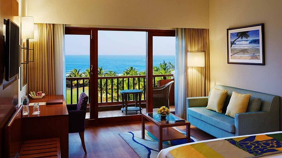 Overview of the living area inside ocean-view rooms at our honeymoon resort in Goa - Caravela Beach Resort, Goa