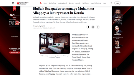 A snapshot of an article published by 'Hospitality World' about BluSalzz Villas - Muhamma Resort, Alleppey.