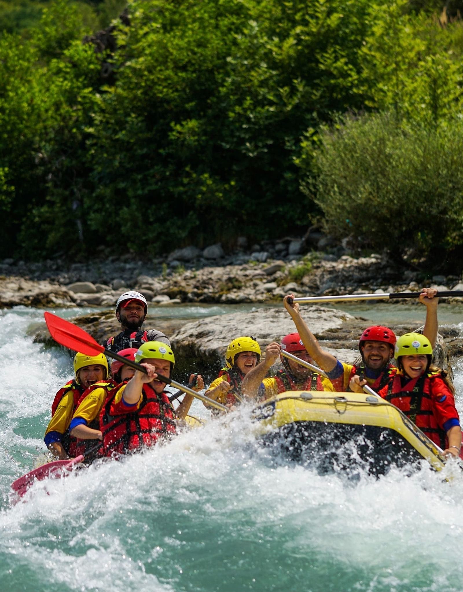 a group of people river rafting with forest cover in the background