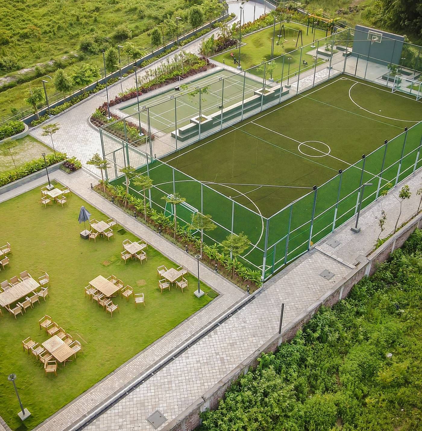 Aerial view of the futsal field at Singalila Club during the day
