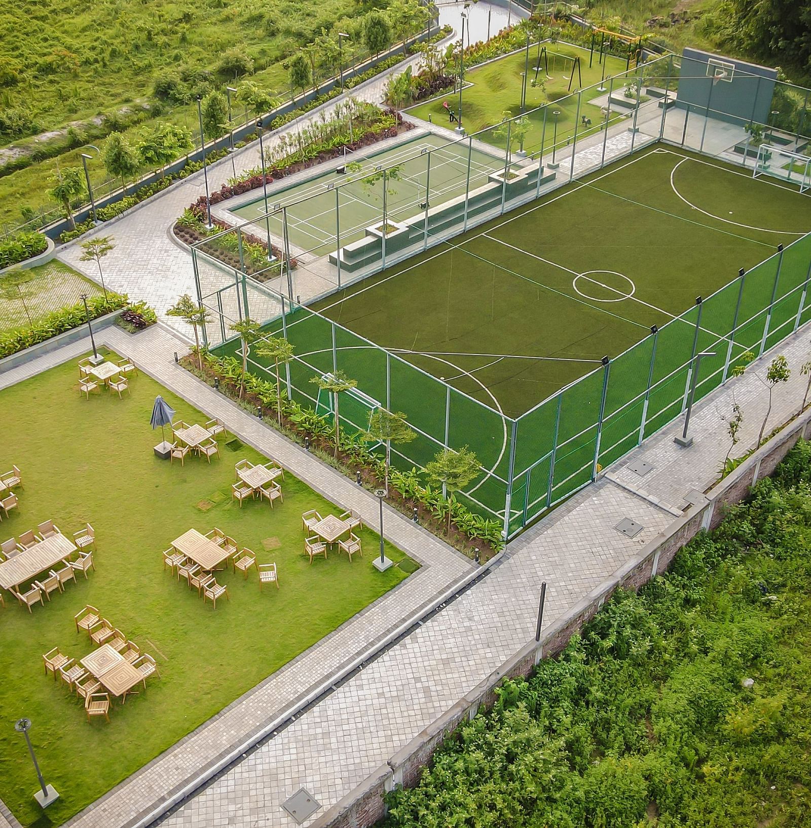 Aerial view of the futsal field at Singalila Club during the day