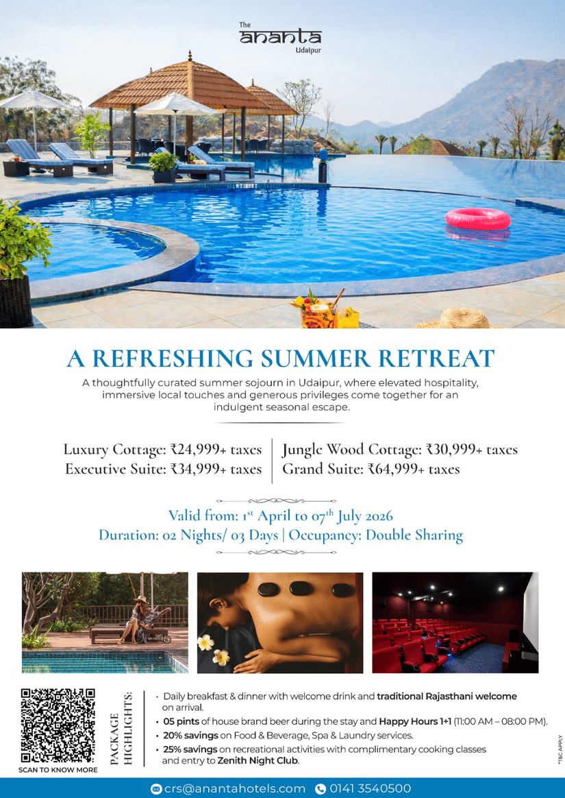 A promotional creative for summer package at The Ananta Udaipur, with details including the prices, duration, and validity.
