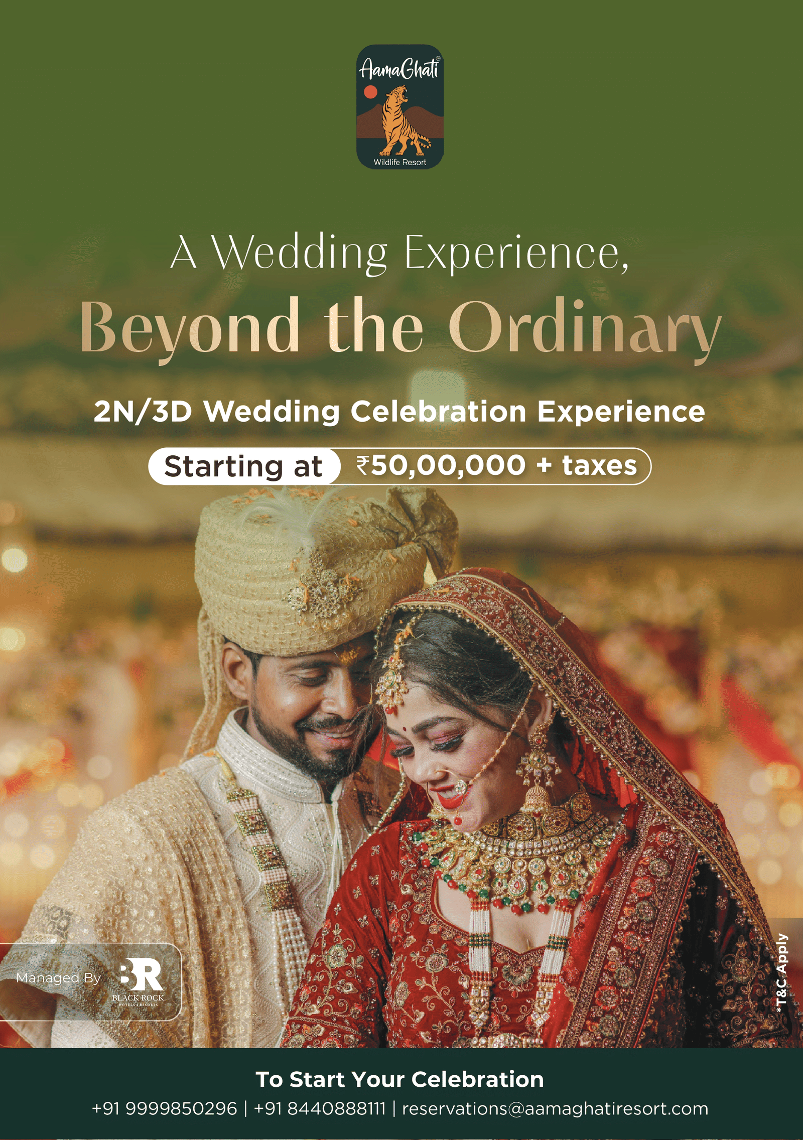 Creative for Wedding Celebration package at AamaGhati Wildlife Resort, offering a 2N/3D wedding celebration experience starting from INR 50,00,000 plus taxes.