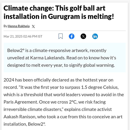 Hindustan Times article on 21st March 2025 with headline - Climate change: This golf ball art installation in Gurugram is melting! - Karma Lakelands.