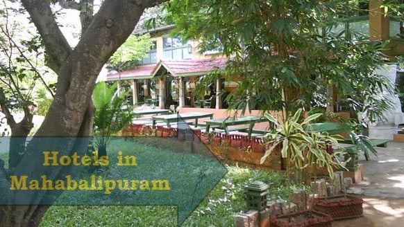 An outdoor seating area with benches and tables beneath trees with text 'Hotels in Mahabalipuram' written on the image and a building in the background.