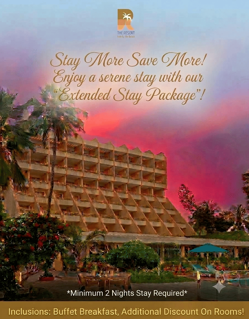 The Resort Mumbai Extended Stay Package featuring a beachfront resort at sunset, offering buffet breakfast and additional discounts on rooms for a minimum two-night stay.