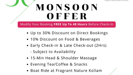 Promotional creative for Monsoon Offer at Fragrant Nature Hotels & Resorts, offering a 30% discount on direct bookings and extra travel perks.