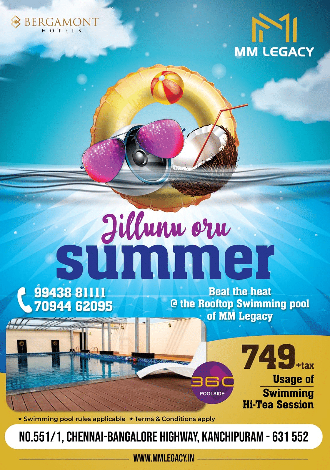 A creative promoting the rooftop swimming pool in MM Legacy, Kanchipuram  which features sunglasses, coconut, and a pool during summer
